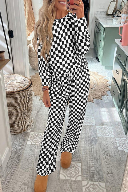 Beige Checkered Print Long Sleeve Loose Fit Pajama Set