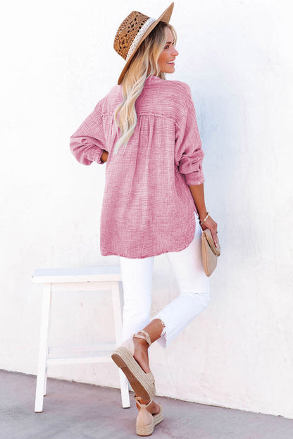 Pink Loose Crinkle Button V Neck Henley Top