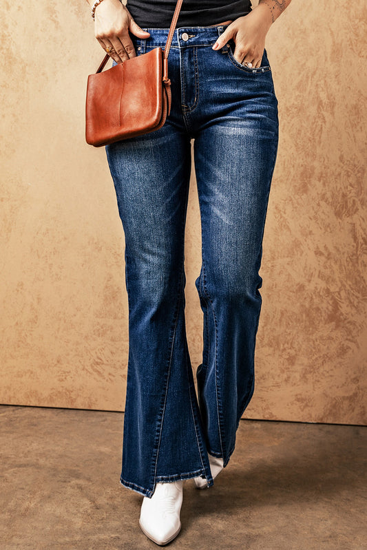 Light Blue Casual Seam Distressed High Waist Flare Jeans