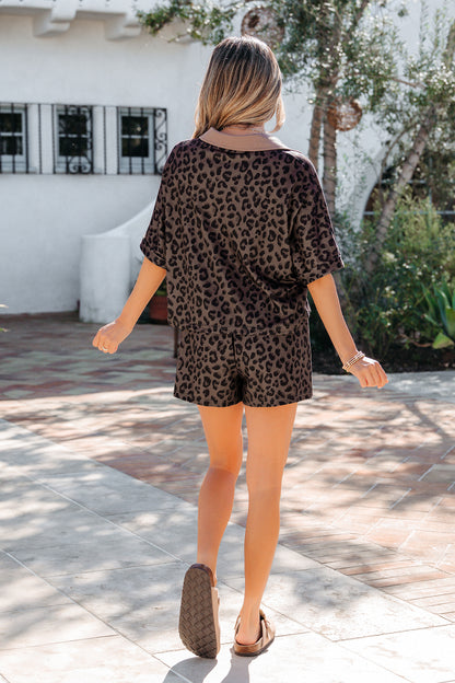 Khaki V Neck Collar Leopard Printed 2pcs Short Set