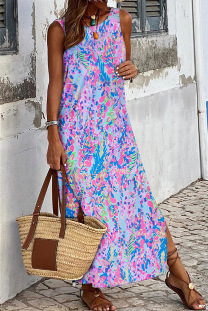 Purple Fluorescent Printed Round Neck	 Sleeveless Maxi Dress