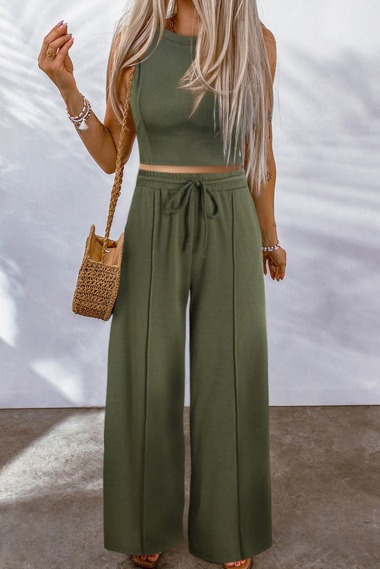 Jungle Green Solid Cropped Tank Top and Wide Leg Pants Set