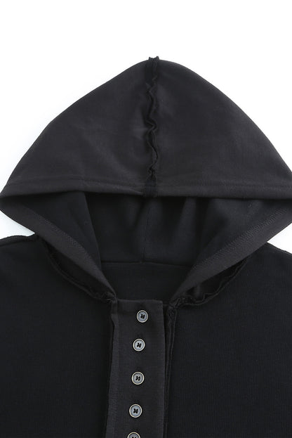 Black Button Front Plain Pullover Hoodie