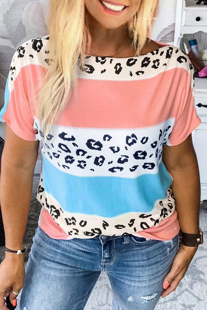 Leopard Print and Stripes Color Block Short Sleeve Boat Neck Top