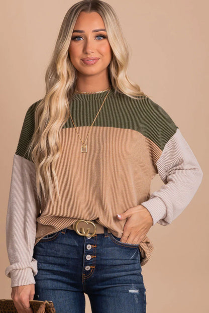 Black Color Block Corduroy Long Sleeve Top