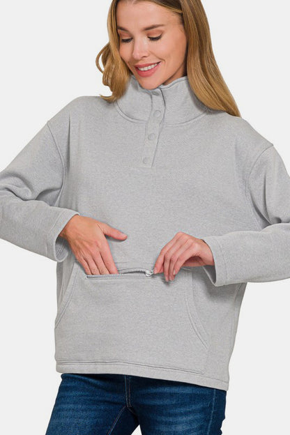 Zenana Turtleneck Half Snap Fleece Sweatshirt