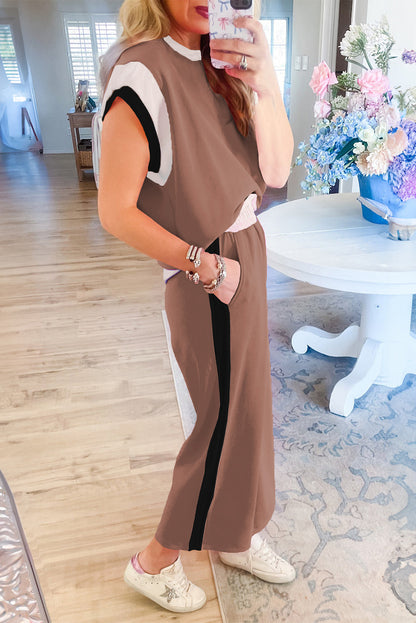 Black Colorblock Cap Sleeve Tee and Wide Leg Pants Set