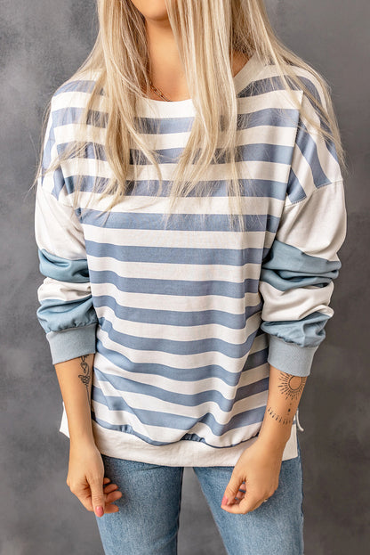 Blue Striped Casual Drop Shoulder Pullover Sweatshirt