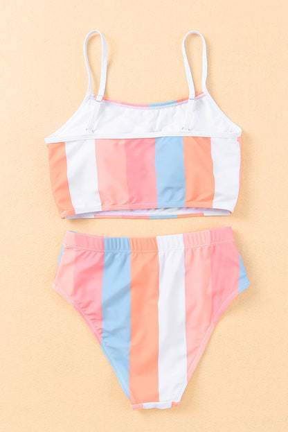 Orange Striped Colorblock High Waist Two Piece Swimsuit