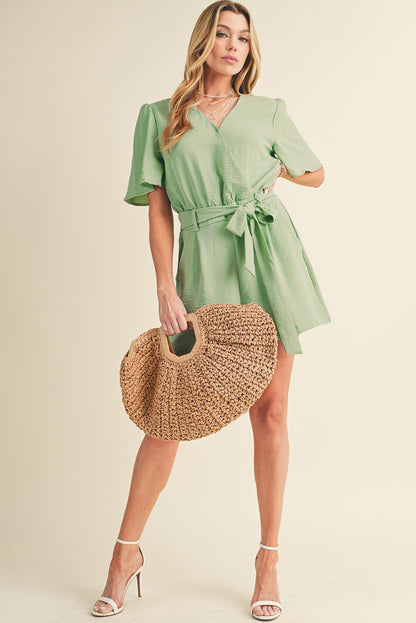 Grass Green Solid Color V Neck Wrap Waist Tie Romper