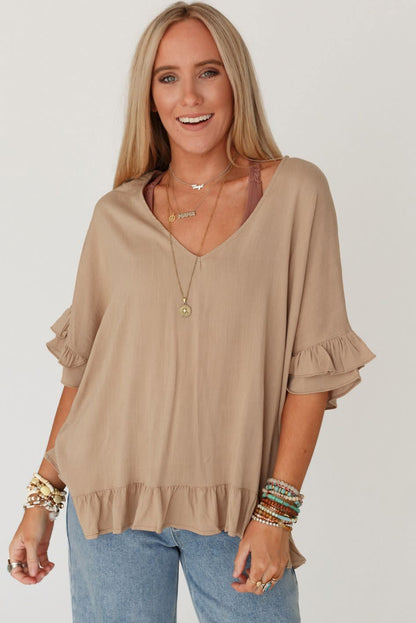 Light Beige Loose Ruffle Trim V Neck Blouse