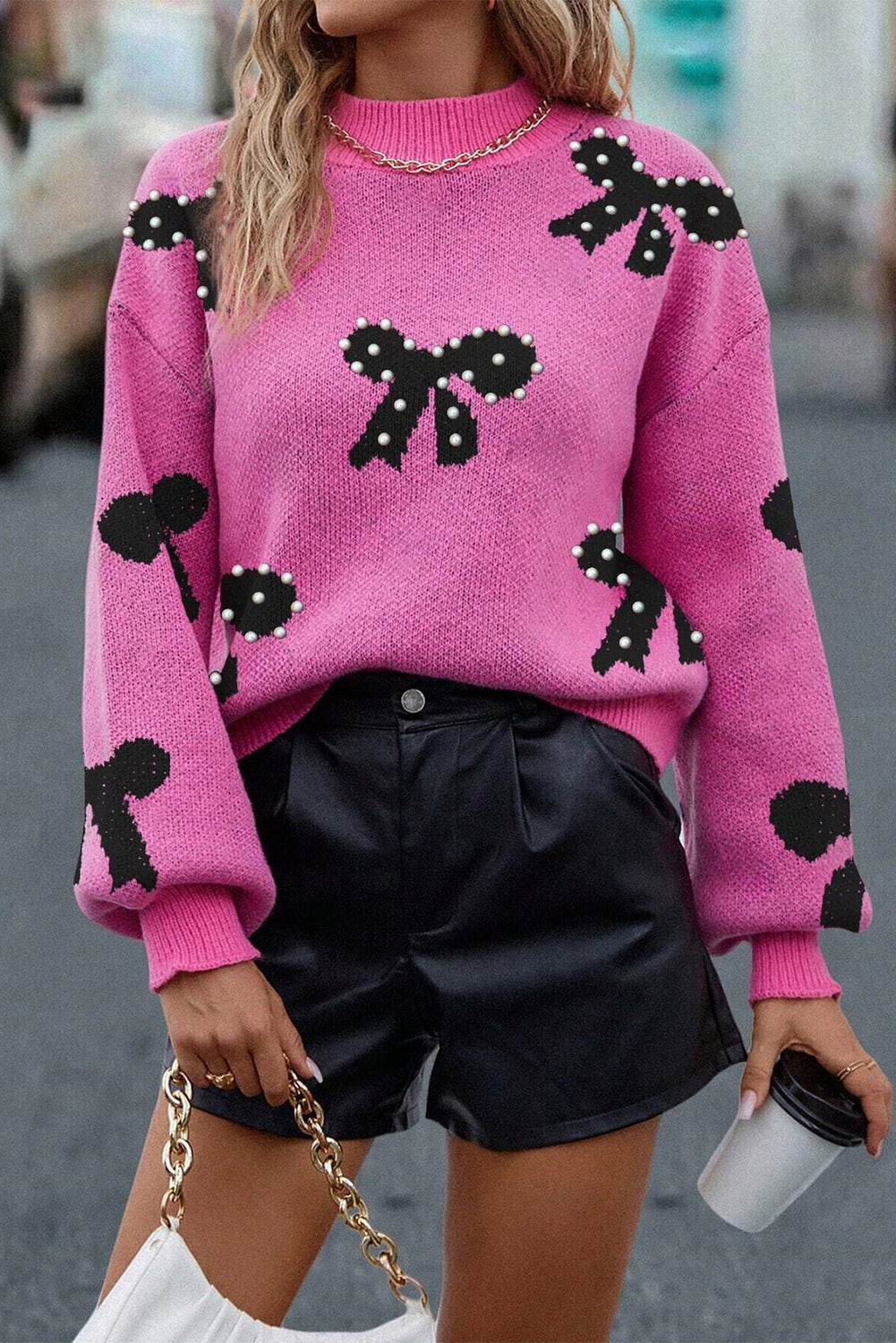 Bright Pink Pearl Embellished Bow Pattern Loose Sweater