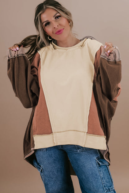 Brown Plus Size Exposed Seam Patchwork Sweatshirt