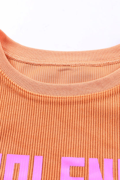 Orange Plain Drop Sleeve Rib-Knit Oversized Sweatshirt