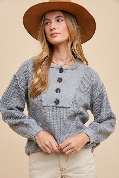 Annie Wear Half Button Ribbed Hem Sweater