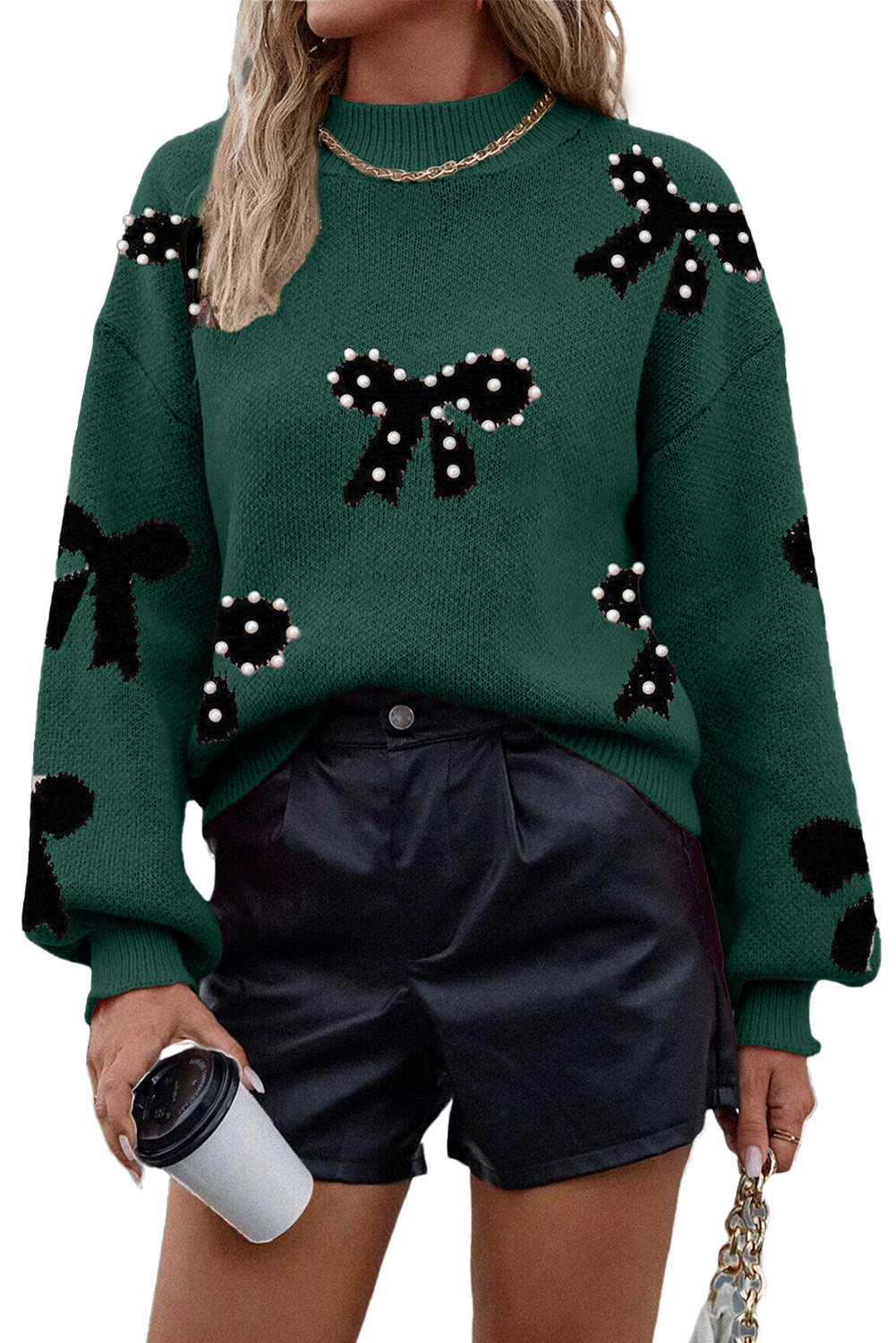 Bright Pink Pearl Embellished Bow Pattern Loose Sweater