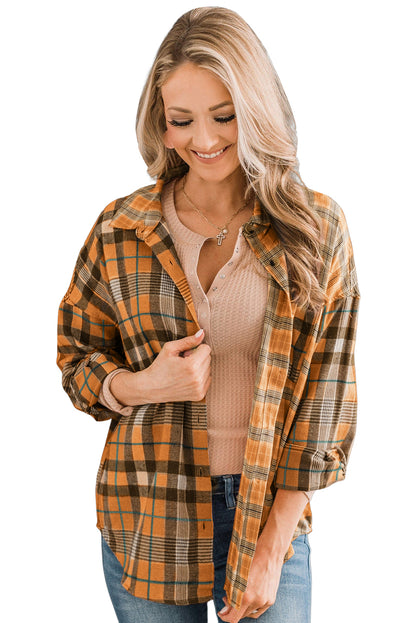 Pink Drop Shoulder Rounded Hem Plaid Pattern Shirt