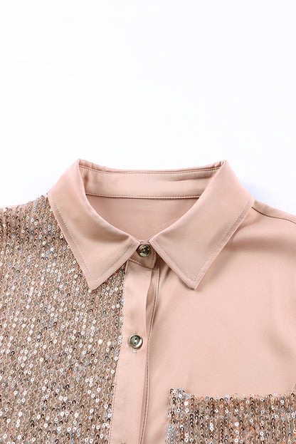 Khaki Sequin Splicing Pocket Button Shirt Dress