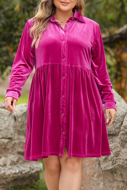 Rose Red Plus Velvet Button Up Long Sleeve Babydoll Dress