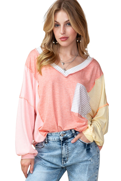 Rose Striped Color Block Splicing Long Sleeve Shirt