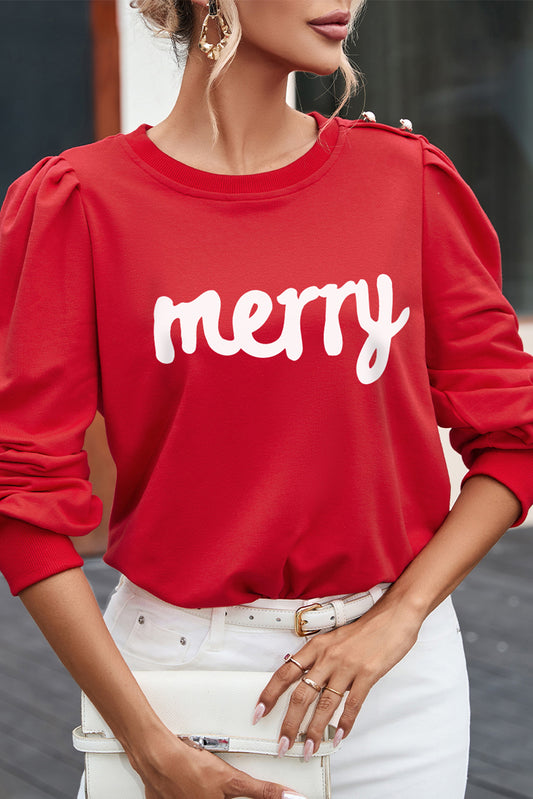 Red merry Graphic Button Tab Bishop Sleeve Top