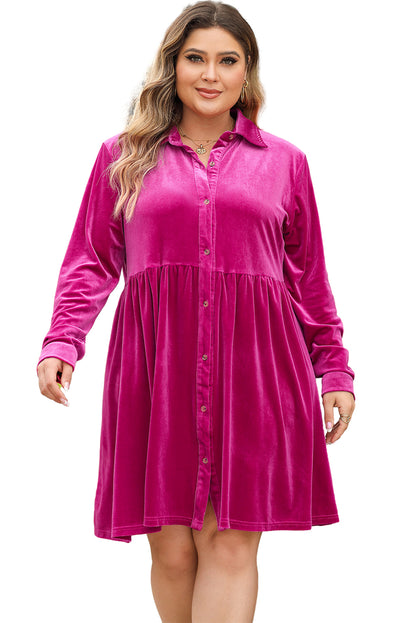 Rose Red Plus Velvet Button Up Long Sleeve Babydoll Dress