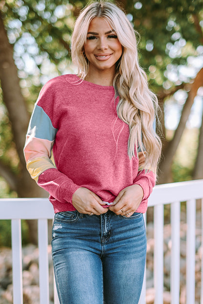 Rosy Color Block Casual Drop Sleeve Sweatshirt