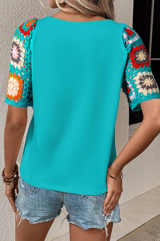 Turquoise Hollowed Floral Crochet Sleeve Boho Blouse