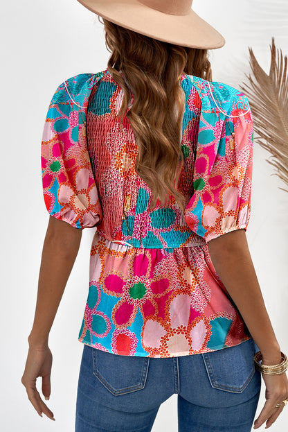 Apricot Floral Print Puff Sleeve Blouse V Neck Smocked Peplum Top