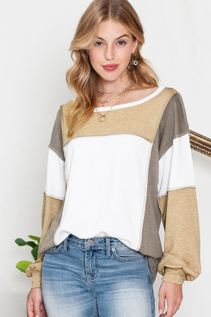 Khaki Color Block Exposed Seam Long Sleeve T Shirt