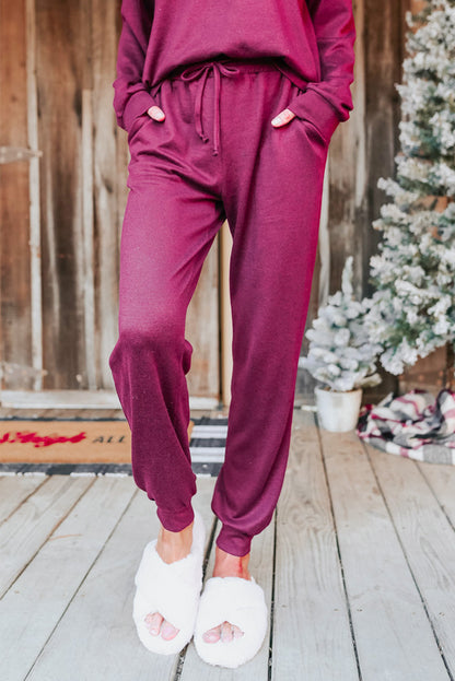 Red Casual Long Sleeve Pullover & Joggers Pajamas Set