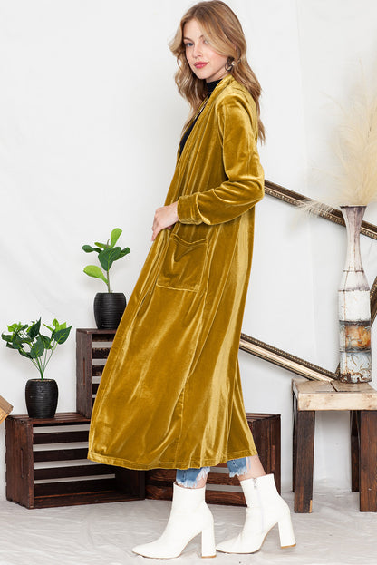 Green Velvet Elegant Pocket Open Front Long Cardigan