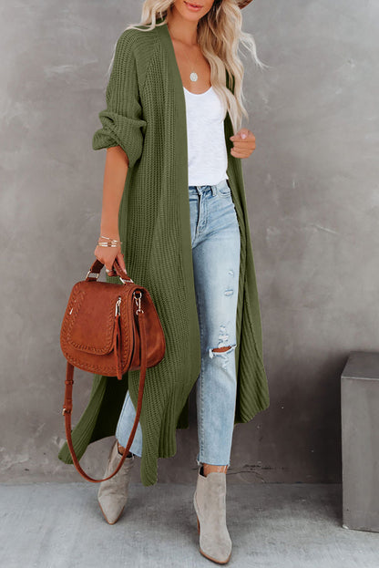 Beige Cable Knit Side Slits Open Front Duster Cardigan