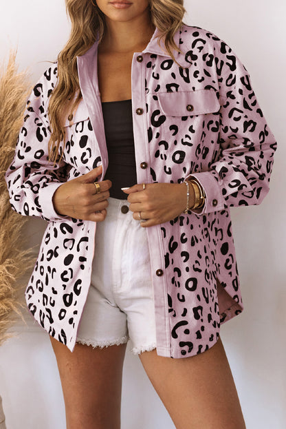 Pink Leopard Collared Neckline Flap Pockets Corduroy Jacket