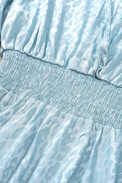 Split Sleeves Smocked Waist Leopard Satin Dress