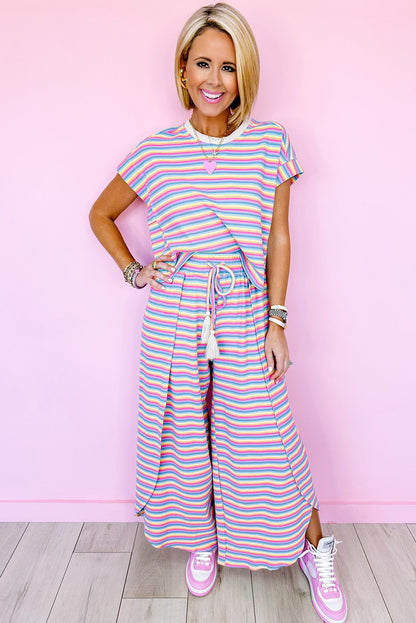 Pink Stripe Rainbow Tee and Tassel Drawstring Wide Leg Pants Set