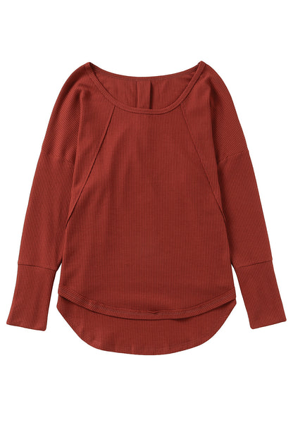 Red Waffle Knit Patchwork Casual Long Sleeve Top