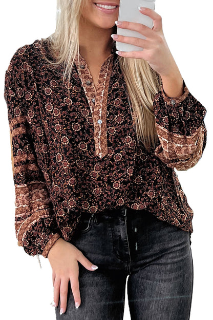 Brown Floral Print Boho Buttons Front Peasant Blouse