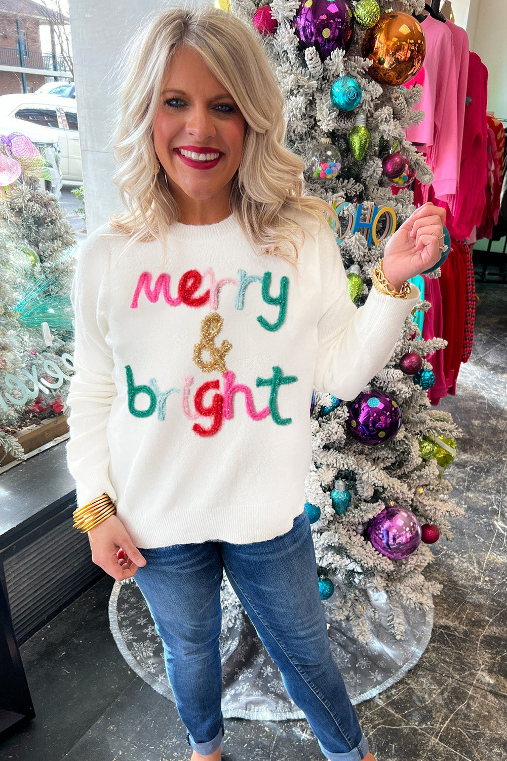 White Merry & Bright Round Neck Casual Sweater