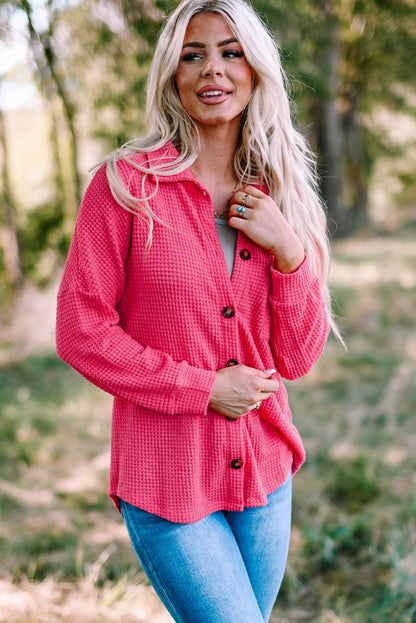 Hot Pink Pocket Buttons Front Waffle Knit Top