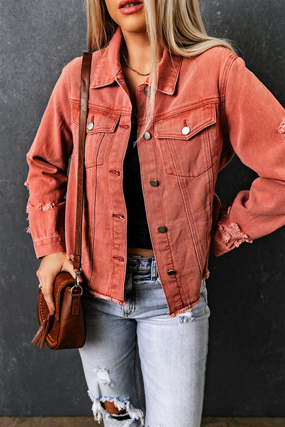 Red Distressed Raw Hem Pocket Buttons Denim Jacket