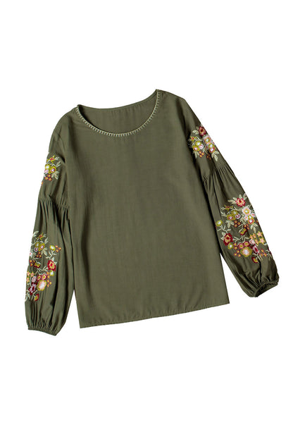 Black Flower Embroidered Jewel Neckline Long Sleeve Shirt