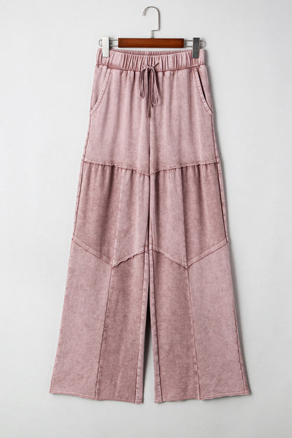 Vineyard Green Mineral Wash Tiered Wide Leg Patchwork Drawstring Pants