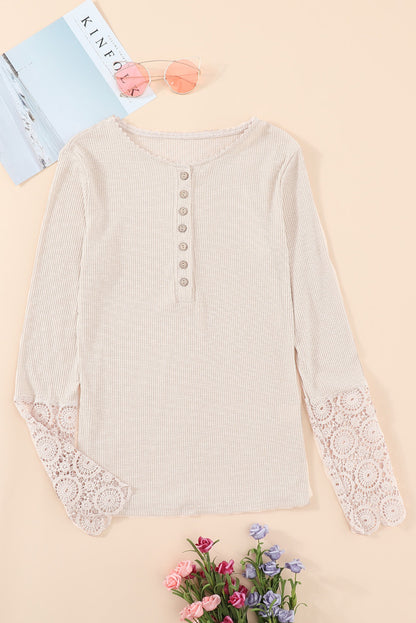 Beige Ribbed Lace Crochet Long Sleeve Henley Shirt for Women