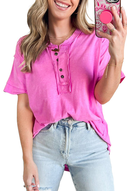 Rose Solid Button Short Sleeve Henley Top