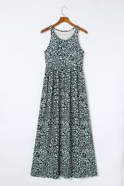 Sleeveless Floor Length Leopard Print Dress with Pockets