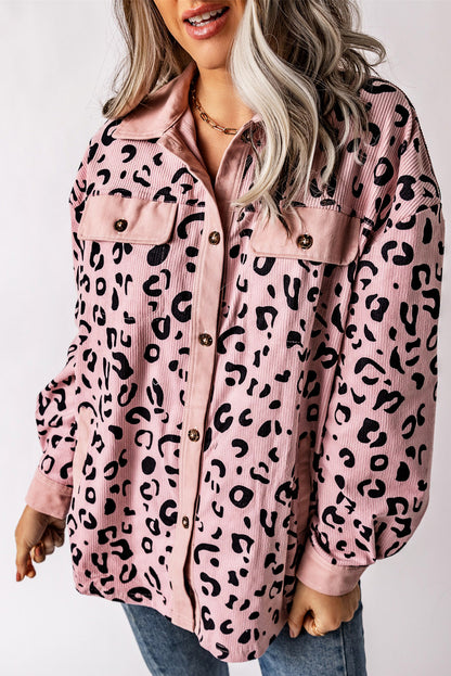 Pink Leopard Collared Neckline Flap Pockets Corduroy Jacket