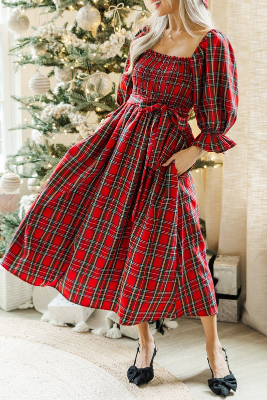 Red Plaid Square Neck Puff Sleeve Bowknot Waist Flared Midi Dress