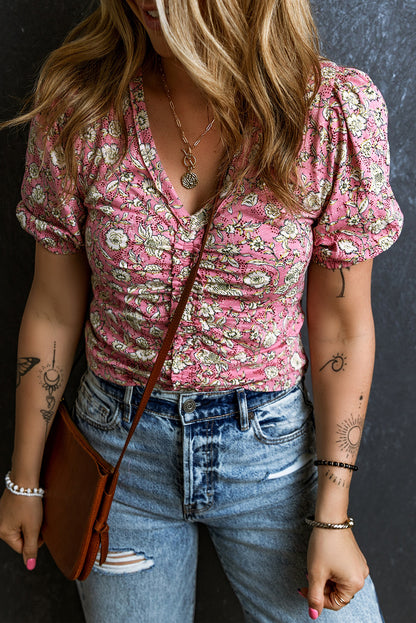 Pink Floral Short Puff Sleeve V Neck Smocked Blouse