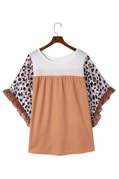 Black Rib Knit Animal Print Ruffle Sleeves Plus Size Top